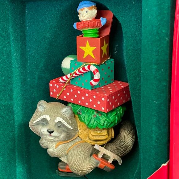 Vintage Carlton Cards Christmas Ornament Bundles of Joy Raccoon Gifts 1988 w Box - Picture 1 of 6